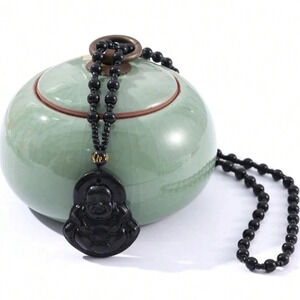 JADE obsidian Black  Hand Carved Maitreya Buddah Pendant Necklace